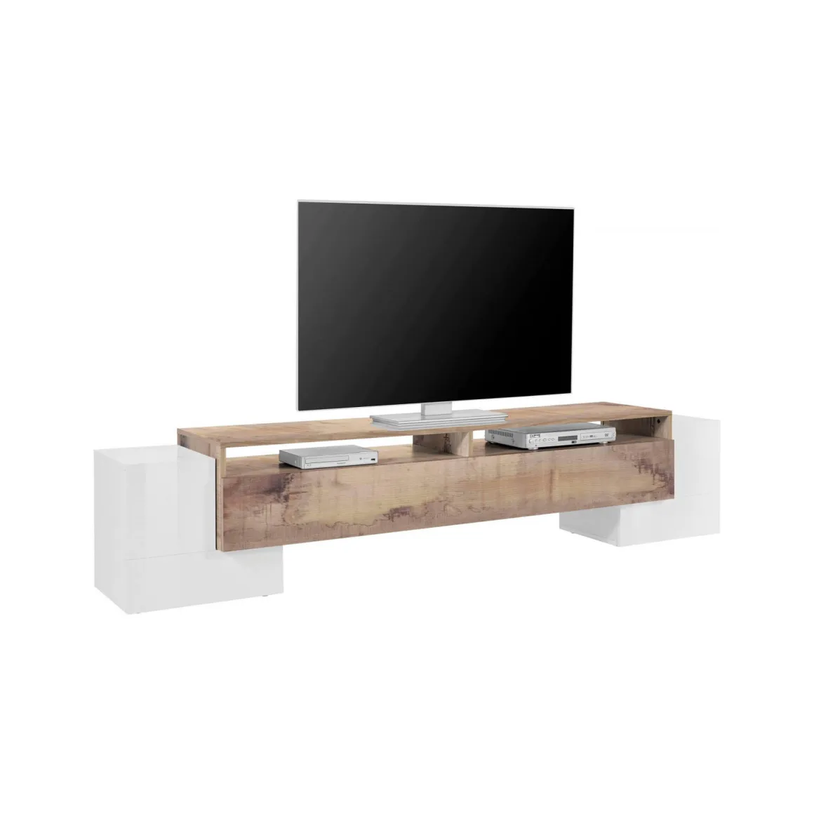 Base TV bianco lucido e acero 210x45x45h cm 3 ante - Amis