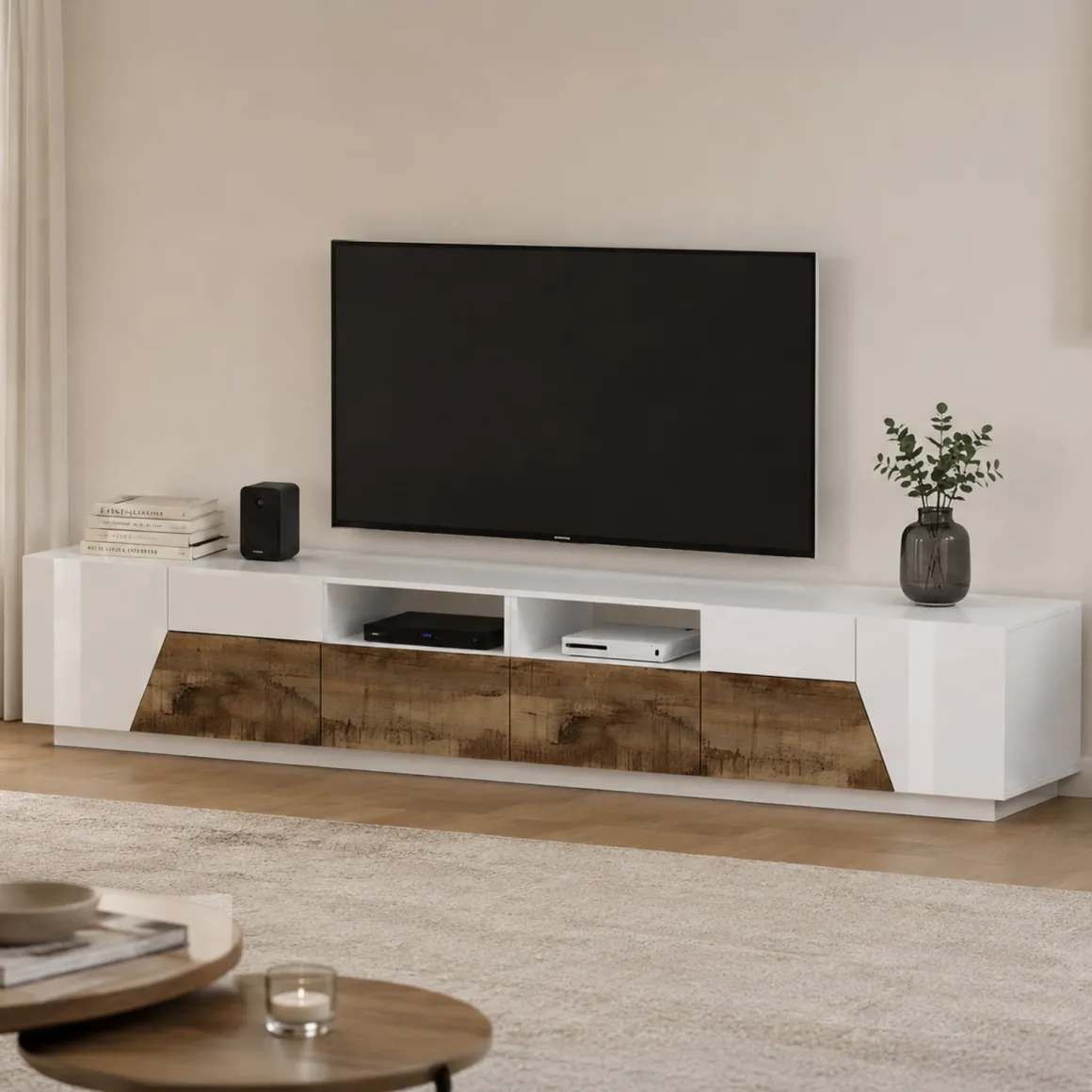 Base TV bianco lucido e acero 260x43x46h cm 4 ante e 2 cassetti - Asdrubale