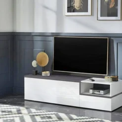 Mobili Porta Tv|Salotto > Dmora Base TV bianco lucido e ardesia 160x40x47h cm 2 ante e 1 cassetto - Argentoro Grigio Ardesia, Bianco Lucido