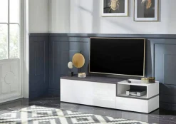 Mobili Porta Tv|Salotto > Dmora Base TV bianco lucido e ardesia 160x40x47h cm 2 ante e 1 cassetto - Argentoro Grigio Ardesia, Bianco Lucido