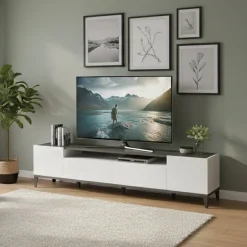 Base TV bianco lucido e ardesia 200x40x47h cm 2 ante e 2 cassetti - Abina