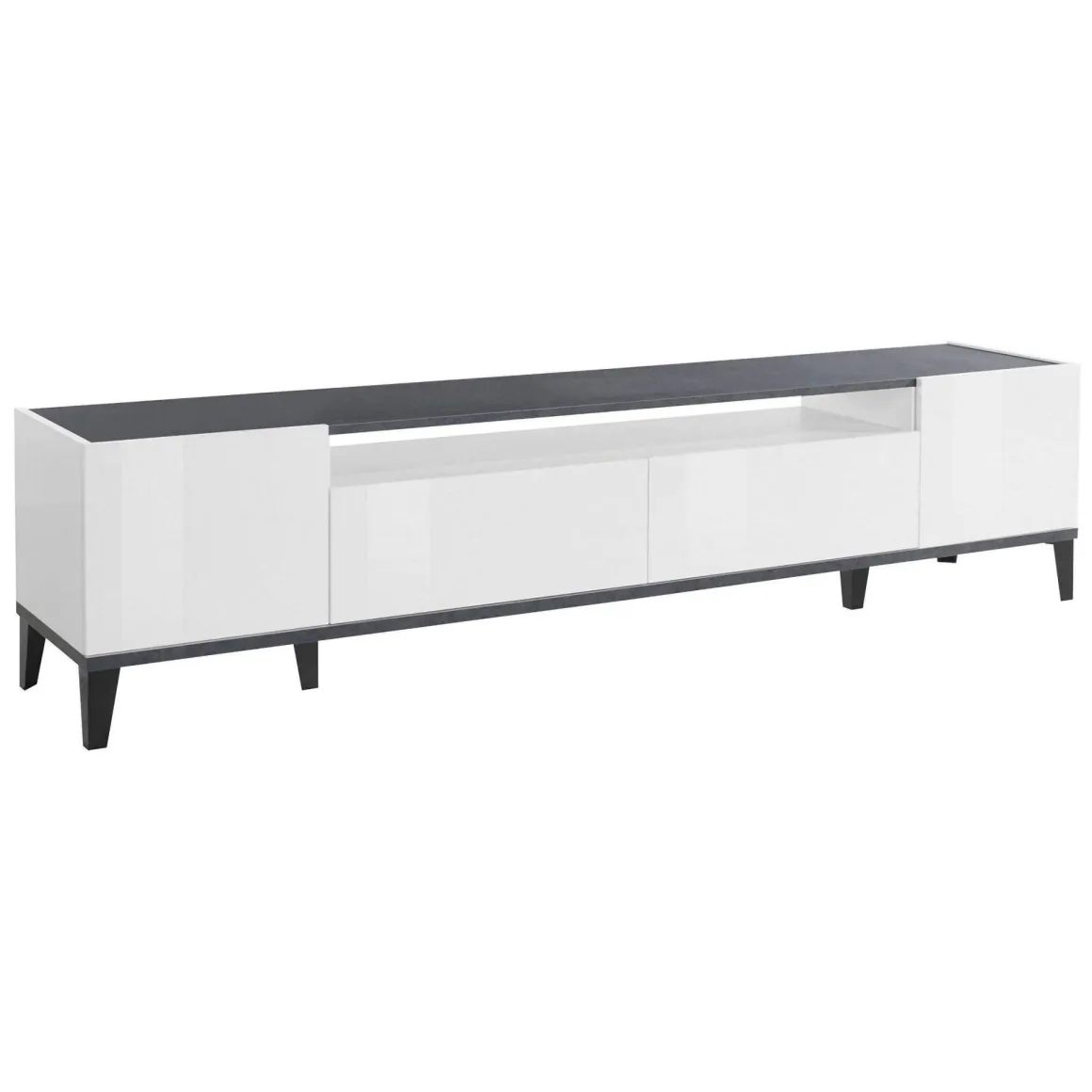 Base TV bianco lucido e ardesia 200x40x47h cm 2 ante e 2 cassetti - Abina