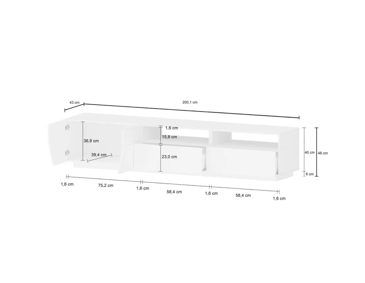 Base TV bianco lucido 200x43x46h cm 2 ante e 2 cassetti - Arghi