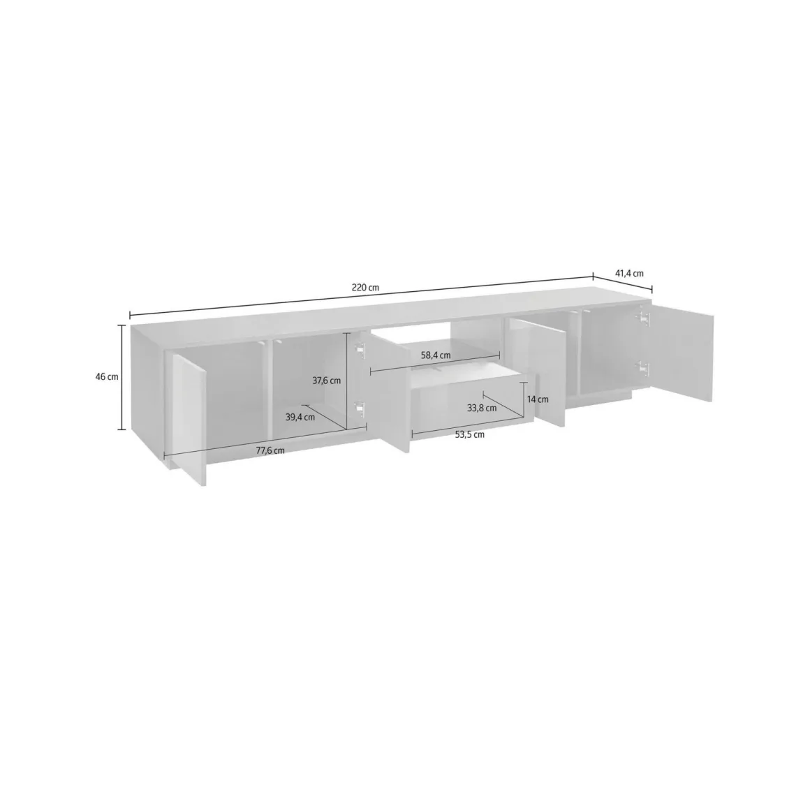 Base TV bianco lucido 220x41x46h cm 4 ante e 1 cassetto - Ajuly
