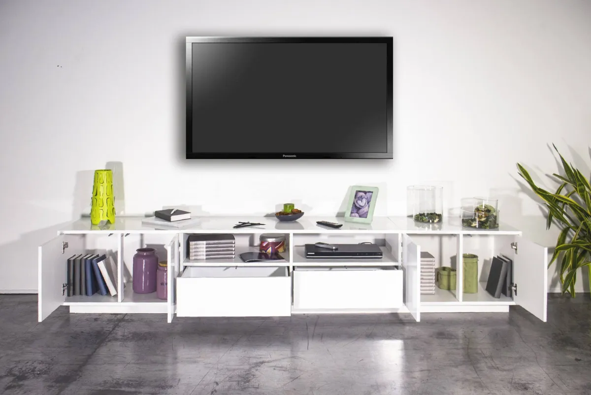 Mobili Porta Tv|Salotto > Dmora Base TV 260x41x46h cm 4 ante e 2 cassetti - Albak Bianco Lucido