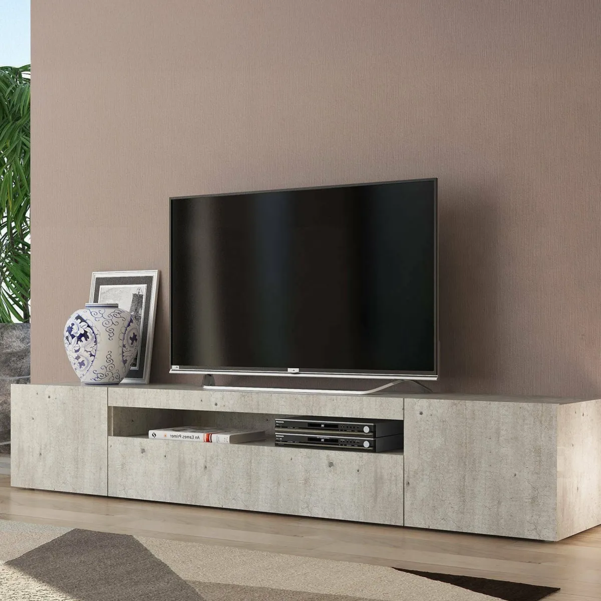 Mobili Porta Tv|Salotto > Dmora Base TV cemento 200x40x37h cm 3 ante in legno - Amore Grigio Cemento