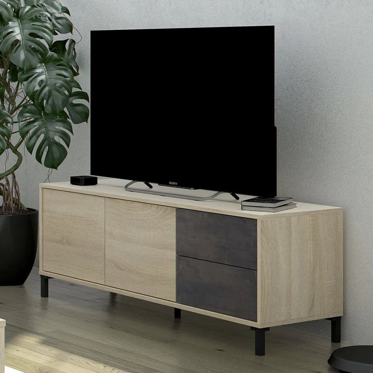 Mobili Porta Tv|Salotto > Dmora Base TV rovere e antracite 130x41x47h cm 2 ante e 2 cassetti - Alva Nero Antracite, Marrone Rovere