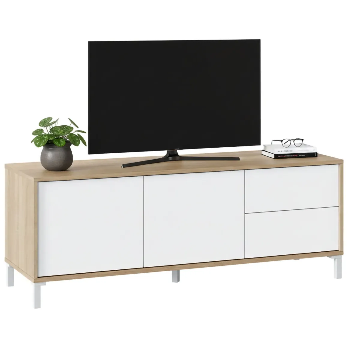 Base TV rovere e bianco 130x41x47h cm 2 ante e 2 cassetti - Alva