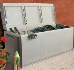 Bauli > Dmora Baule da giardino impermeabile 138x53x57h cm beige e marrone - Achse Beige, Marrone