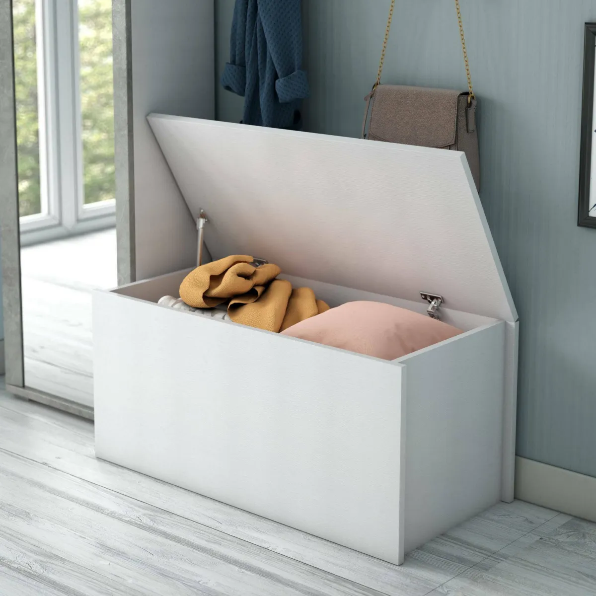 Cassapanche > Dmora Baule salvaspazio in legno 90x45x45h cm - Ayusnay Bianco