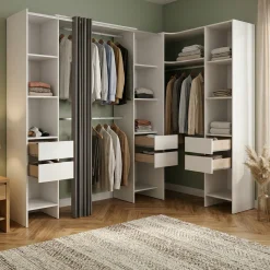 Altri Guardaroba > Dmora Cabina armadio ad angolo con cassetti bianca 234x205h cm - Alanno Bianco