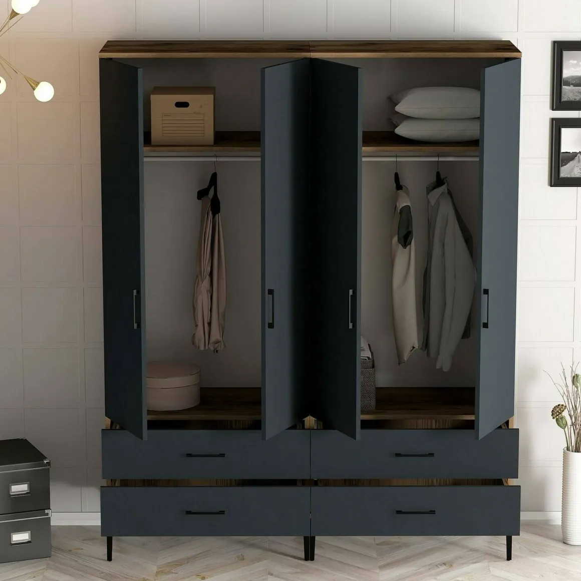 Cabina armadio 4 ante noce e antracite 160x200h cm - Katrin