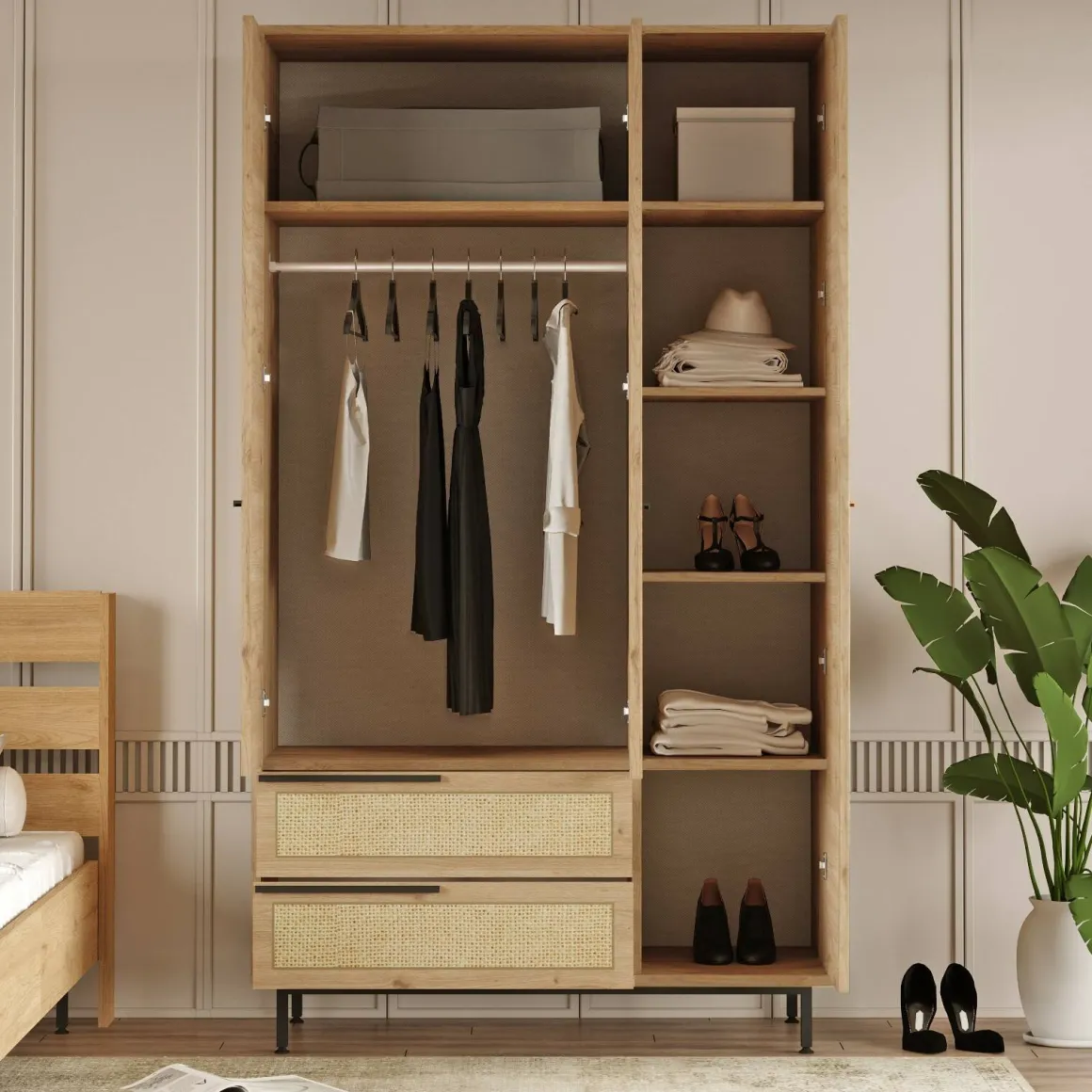Altri Guardaroba > Dmora Cabina armadio con appendiabiti rovere e bianca opaca 119x184h cm - Dania Bianco Opaco, Marrone Rovere