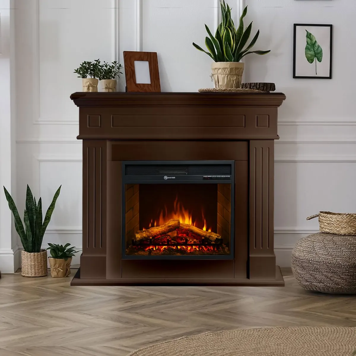 Camini Elettrici > Dmora Camino Elettrico Superficie Riscaldabile 30 Potenza (kw) 0.9/1.8 110x36x100h cm, Indoor - Lentella Marrone Noce