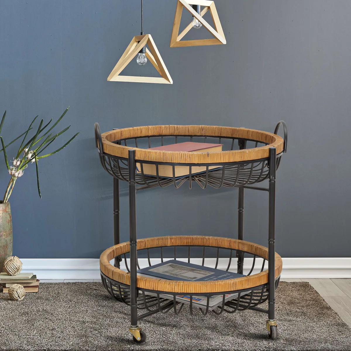 Carrelli > Dmora Carrello Marrone Nero 2 Ripiani Ruote 57x56x63h cm, con 2 Cestini in Rattan - Zakopa Nero, Marrone