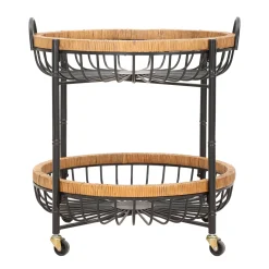 Carrelli > Dmora Carrello Marrone Nero 2 Ripiani Ruote 57x56x63h cm, con 2 Cestini in Rattan - Zakopa Nero, Marrone