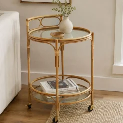 Carrello Marrone Trasparente 2 Ripiani Ruote 51x51x74h cm, Finiture in Rattan - Dalosa