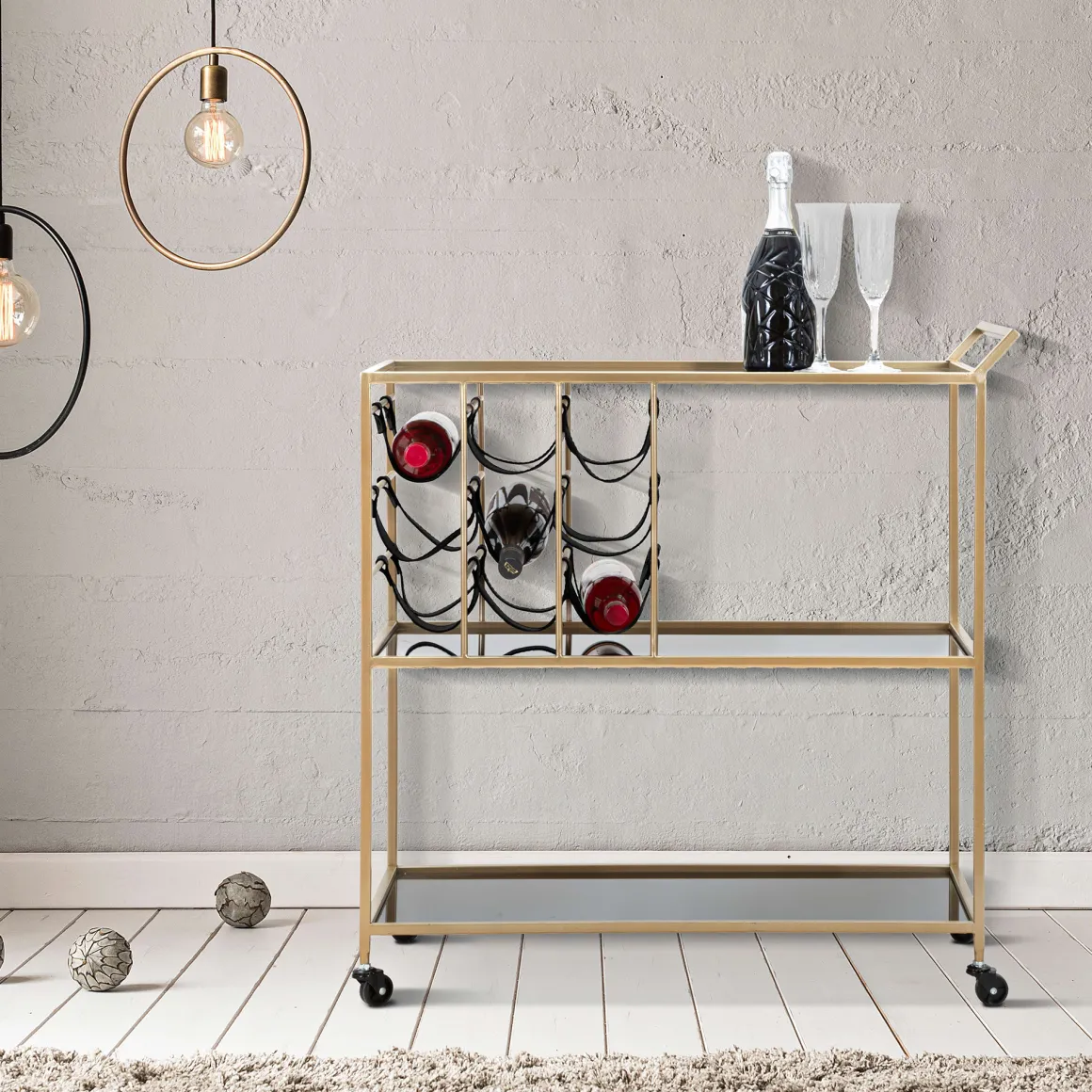 Carrello Nero oro 3 Ripiani Ruote 79x40x82h cm, con Portabottiglie - Druski