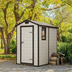 Casette Da Giardino > Dmora Casetta da Giardino Beige Nero Resistente Agli Agenti Atmosferici Presenza Finestre 130x192x198h cm, Tetto a due Falde - Stillman Nero, Beige