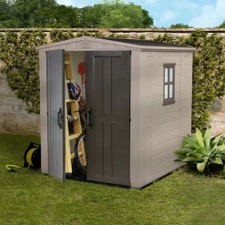 Casetta da Giardino Beige Nero Resistente Agli Agenti Atmosferici Presenza Finestre 178x196x208h cm, Tetto a due Falde - Tuskegee