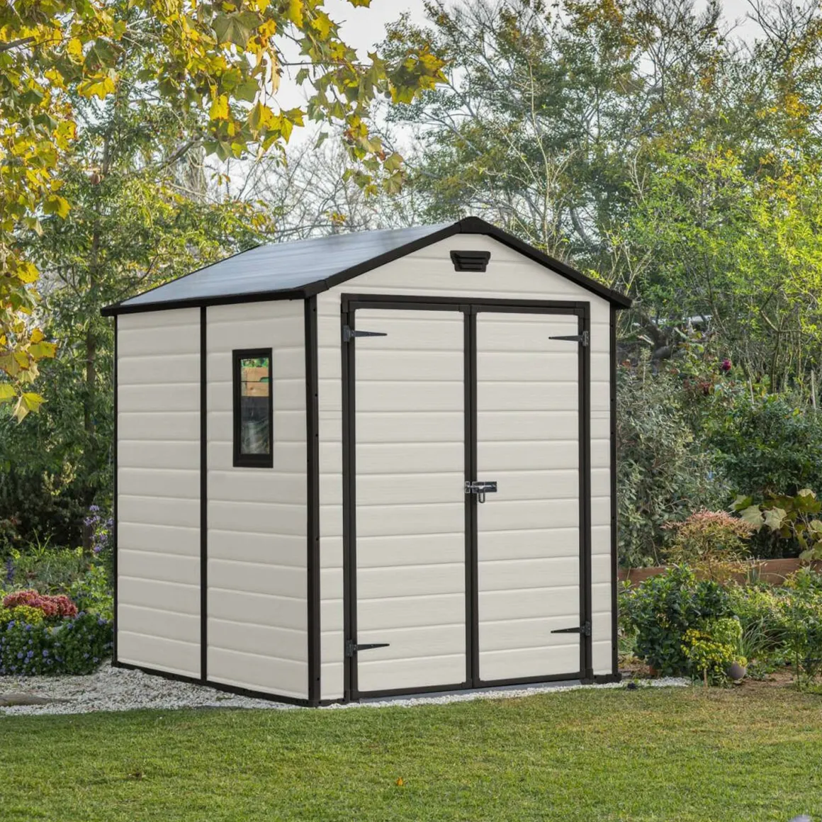 Casetta da Giardino Beige Nero Resistente Agli Agenti Atmosferici Presenza Finestre 186x237x227h cm, Tetto a due Falde - Wadena