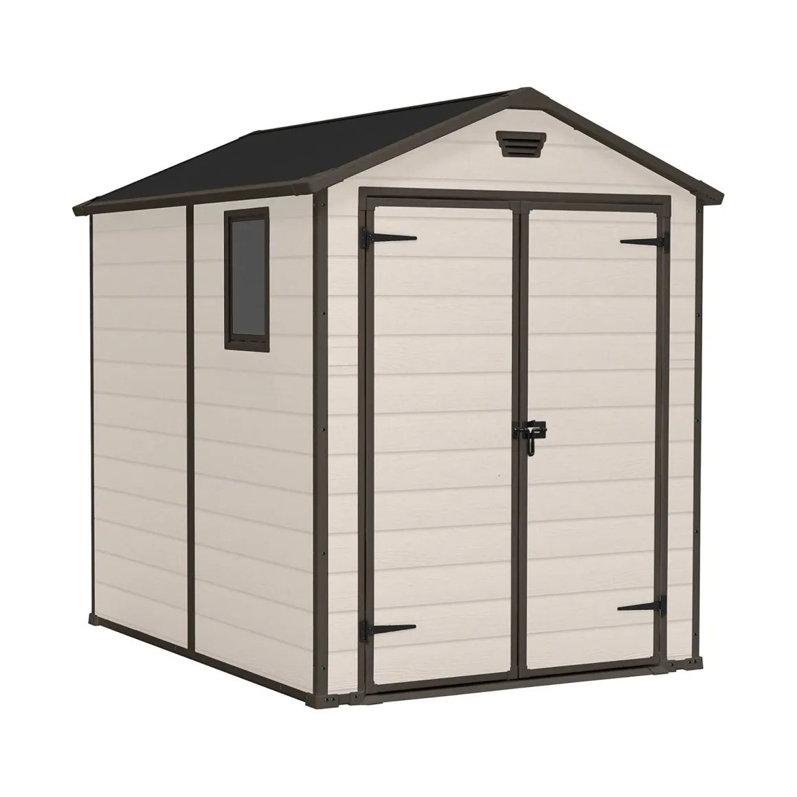 Casetta da Giardino Beige Nero Resistente Agli Agenti Atmosferici Presenza Finestre 186x237x227h cm, Tetto a due Falde - Wadena