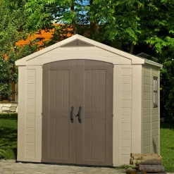 Casetta da Giardino Beige Nero Resistente Agli Agenti Atmosferici Presenza Finestre 257x182x243h cm, Tetto a due Falde - Vandalia