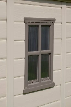 Casetta da Giardino Beige Nero Resistente Agli Agenti Atmosferici Presenza Finestre 257x182x243h cm, Tetto a due Falde - Vandalia