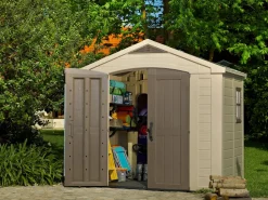 Casetta da Giardino Beige Nero Resistente Agli Agenti Atmosferici Presenza Finestre 257x182x243h cm, Tetto a due Falde - Vandalia