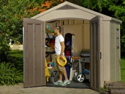 Casetta da Giardino Beige Nero Resistente Agli Agenti Atmosferici Presenza Finestre 257x182x243h cm, Tetto a due Falde - Vandalia