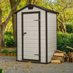 Casetta da Giardino Beige Nero Resistente Agli Agenti Atmosferici Tetto a due Falde 129x103x196h cm, Materiale Tetto in Plastica - Stormlake