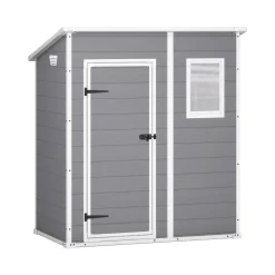 Casetta da Giardino Grigio Bianco Resistente Agli Agenti Atmosferici Presenza Finestre 184x111x201h cm, Tetto a due Falde - Tiffin