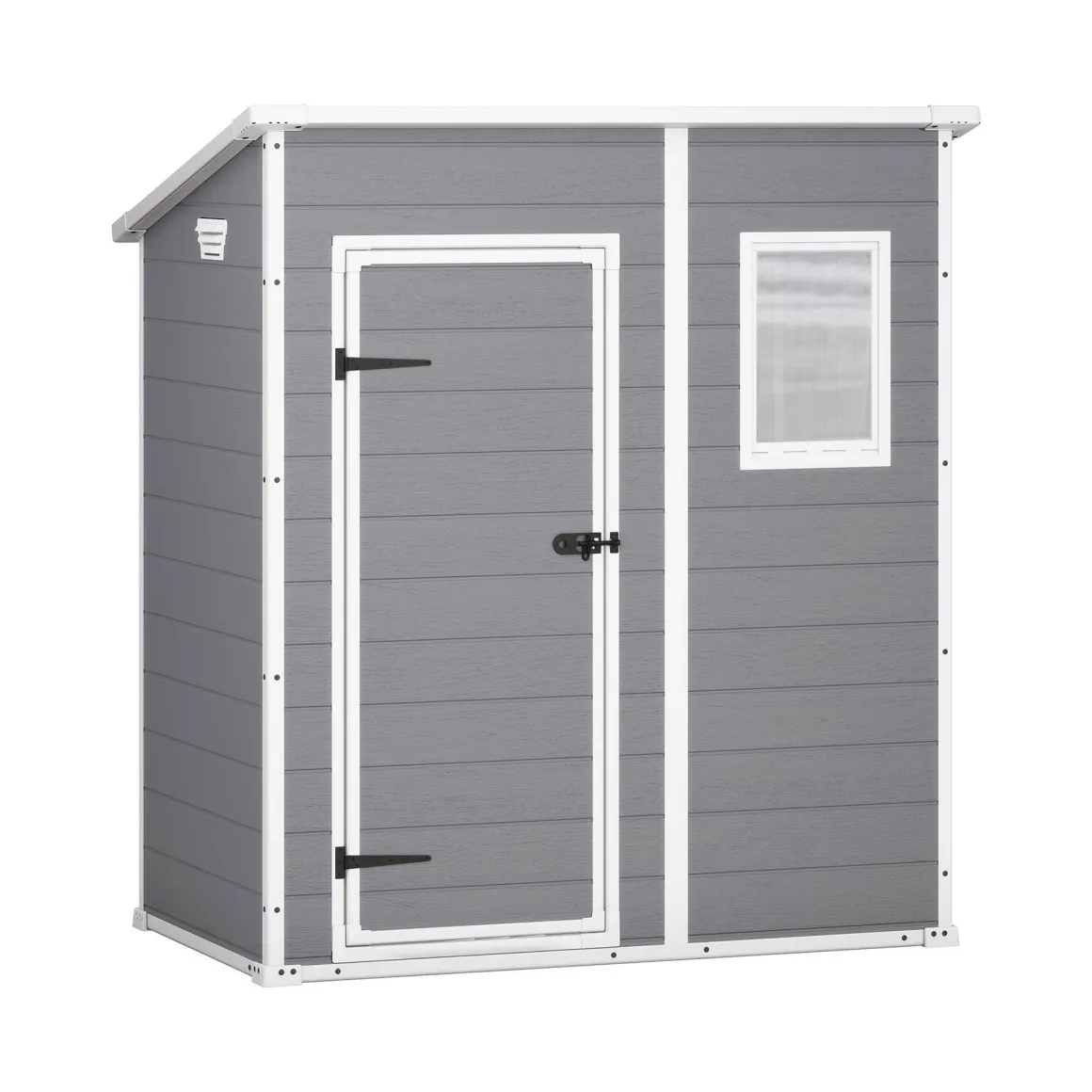 Casetta da Giardino Grigio Bianco Resistente Agli Agenti Atmosferici Presenza Finestre 184x111x201h cm, Tetto a due Falde - Tiffin