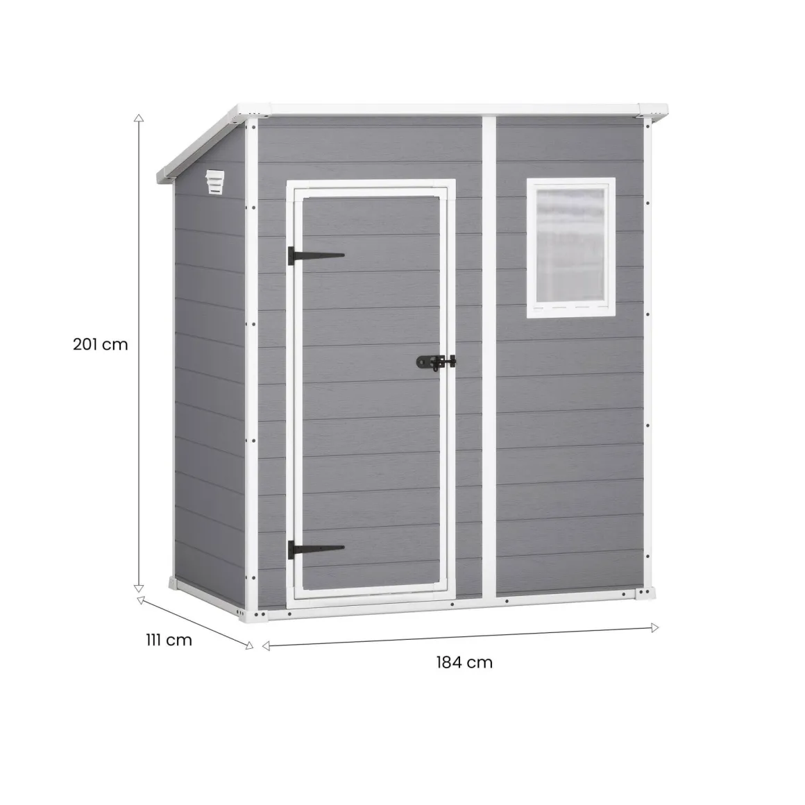 Casetta da Giardino Grigio Bianco Resistente Agli Agenti Atmosferici Presenza Finestre 184x111x201h cm, Tetto a due Falde - Tiffin