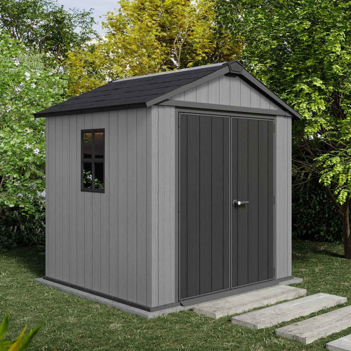 Casette Da Giardino > Dmora Casetta da Giardino Grigio Nero Lucchettabile, Finitura in Resina Presenza Finestre 230x224x246h cm, Tetto a due Falde - Oneonta Nero, Grigio