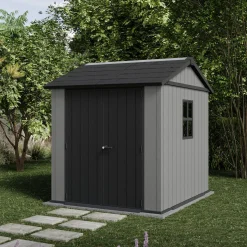 Casette Da Giardino > Dmora Casetta da Giardino Grigio Nero Lucchettabile, Finitura in Resina Presenza Finestre 230x224x246h cm, Tetto a due Falde - Oneonta Nero, Grigio