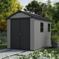 Casetta da Giardino Grigio Nero Lucchettabile, Finitura in Resina Presenza Finestre 230x287x246h cm, Tetto a due Falde - Perham