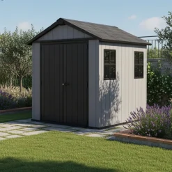 Casetta da Giardino Grigio Nero Lucchettabile, Finitura in Resina Presenza Finestre 230x287x246h cm, Tetto a due Falde - Perham