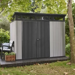 Casetta da Giardino Grigio Nero Resistente Agli Agenti Atmosferici Presenza Finestre 277x218x226h cm, Tetto a due Falde - Whitehall