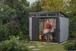 Casetta da Giardino Grigio Nero Resistente Agli Agenti Atmosferici Presenza Finestre 277x218x226h cm, Tetto a due Falde - Whitehall