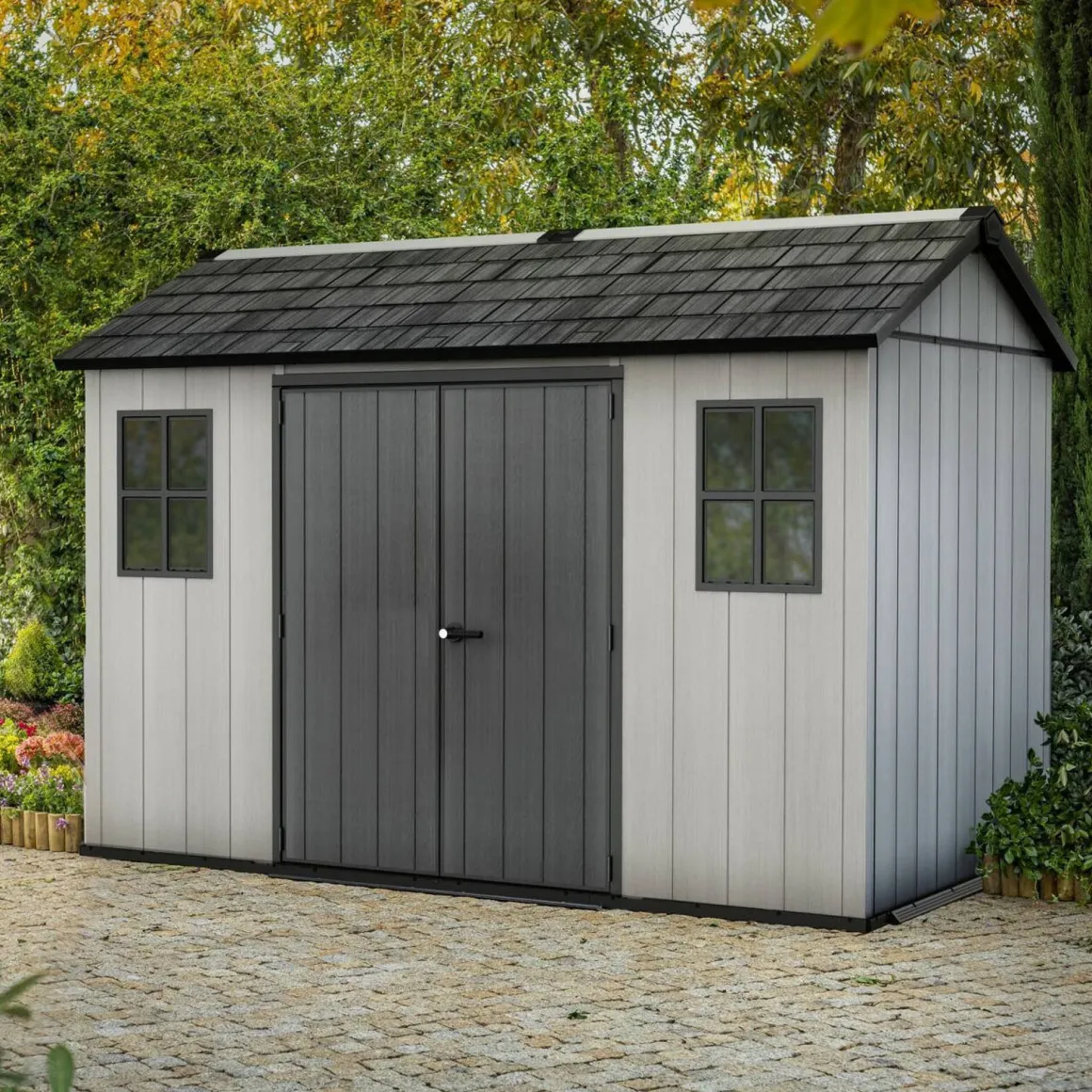 Casetta da Giardino Grigio Nero Resistente Agli Agenti Atmosferici Presenza Finestre 350x229x254h cm, Tetto a due Falde - Dartmouth