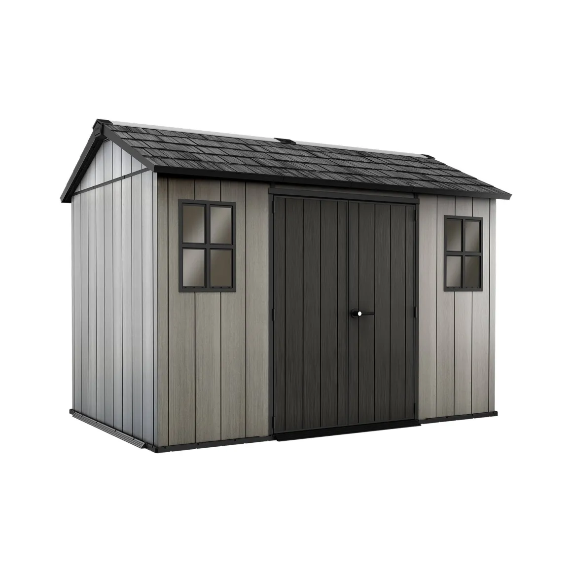 Casetta da Giardino Grigio Nero Resistente Agli Agenti Atmosferici Presenza Finestre 350x229x254h cm, Tetto a due Falde - Dartmouth