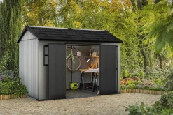 Casetta da Giardino Grigio Nero Resistente Agli Agenti Atmosferici Presenza Finestre 350x229x254h cm, Tetto a due Falde - Dartmouth