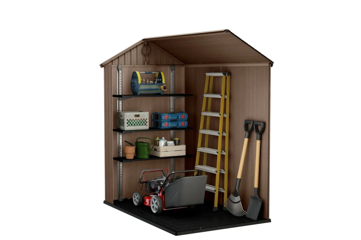 Casette Da Giardino > Dmora Casetta da Giardino Marrone Nero Resistente Agli Agenti Atmosferici Presenza Finestre 126x185x205h cm, Tetto a due Falde - Sallisaw Nero, Marrone