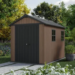 Casetta da Giardino Marrone Nero Resistente Agli Agenti Atmosferici Presenza Finestre 230x287x246h cm, Tetto a due Falde - Perham