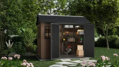 Casette Da Giardino > Dmora Casetta da Giardino Marrone Nero Resistente Agli Agenti Atmosferici Presenza Finestre 230x350x246h cm, Tetto a due Falde - Rockport Nero, Marrone