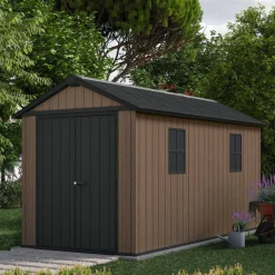 Casetta da Giardino Marrone Nero Resistente Agli Agenti Atmosferici Presenza Finestre 230x413x246h cm, Tetto a due Falde - Ponca