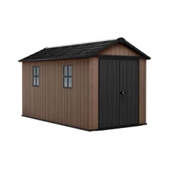 Casetta da Giardino Marrone Nero Resistente Agli Agenti Atmosferici Presenza Finestre 230x413x246h cm, Tetto a due Falde - Ponca