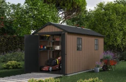 Casetta da Giardino Marrone Nero Resistente Agli Agenti Atmosferici Presenza Finestre 230x413x246h cm, Tetto a due Falde - Ponca