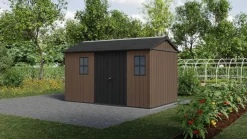 Casetta da Giardino Marrone Nero Resistente Agli Agenti Atmosferici Presenza Finestre 230x413x246h cm, Tetto a due Falde - Ponca